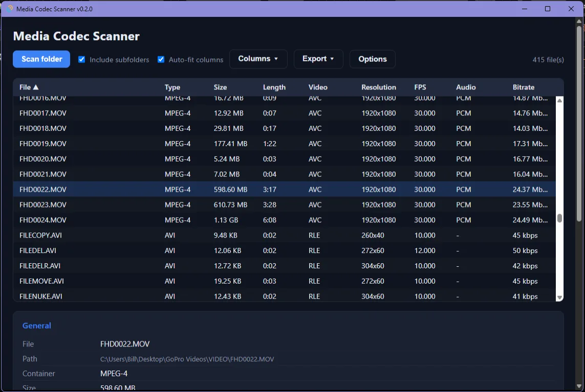 Media Codec Scanner interface: a sortable grid of media files with codec details