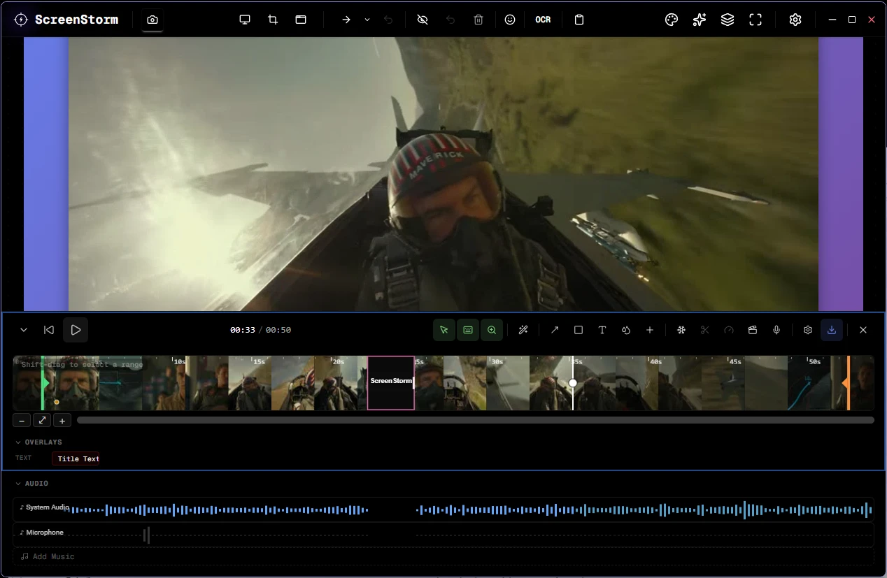 ScreenStorm video editor with timeline, title text overlay and audio tracks