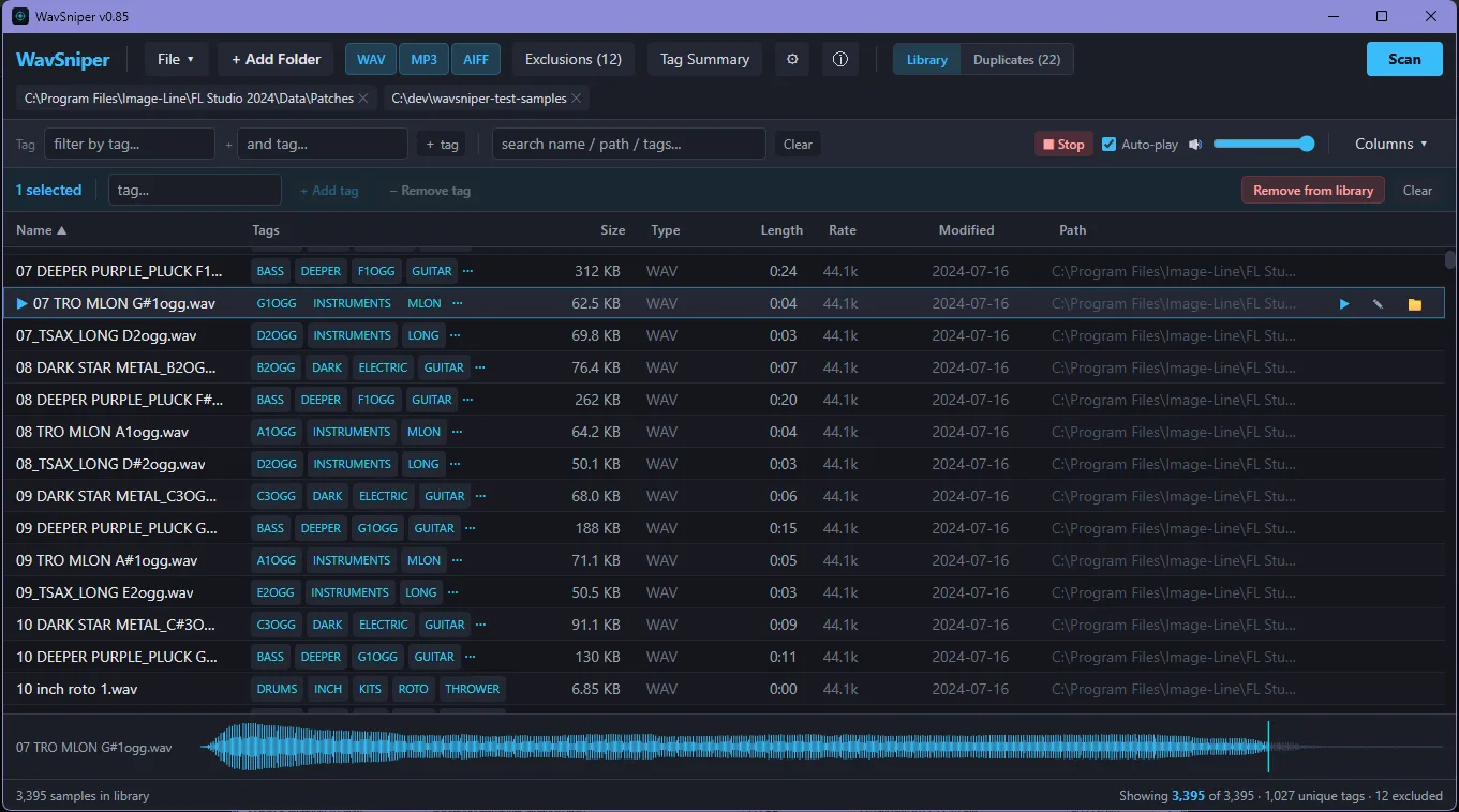 WavSniper interface: a searchable grid of samples with tags and a waveform preview