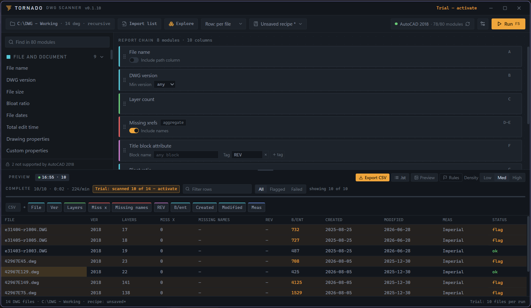 Tornado DWG Scanner scanning a folder of AutoCAD drawings: the report chain of checks on the left, the live results grid below with flagged rows in amber.